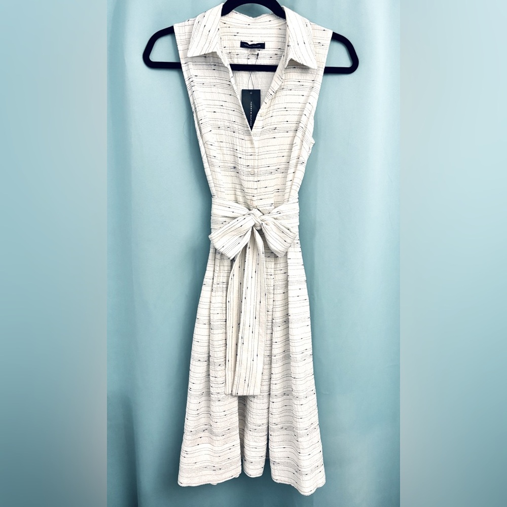 Tommy Hilfiger White and Black Tie Front Midi Dress